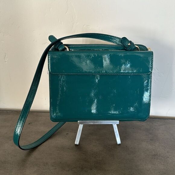 COLE HAAN JITNEY Teal Green Patent Leather Shoulder Purse Top Zip Travel Bag EUC - Picture 11 of 16